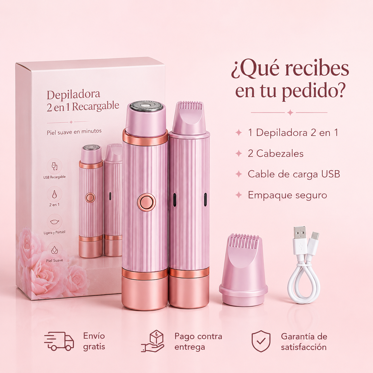 Depiladora 2 en 1 Recargable – Piel Suave en Minutos Sin Cera ni Salón